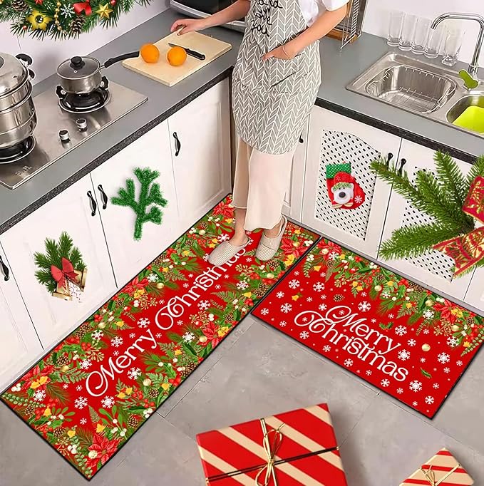 ACZHHZC Merry Christmas Kitchen Rugs and Mats Set of 2, Winter Snowflake Xmas Tree Holiday Home Kitchen Decor Floor Mats, Washable Non-Slip Sink Carpet (Christma 4, 17"x47"+17"x30")