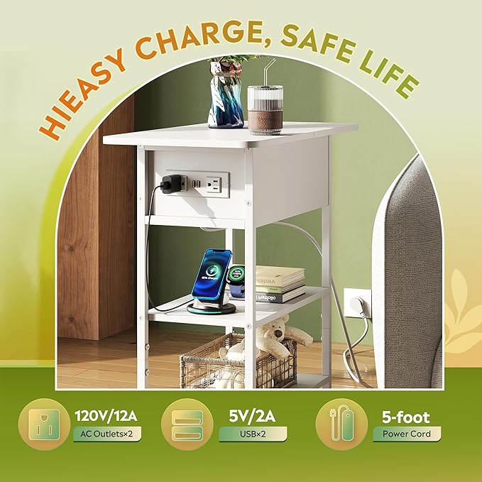 WLIVE End Table with Charging Station, Flip Top Side Table with Storage Shelf, Sofa Couch Table with USB Ports and Outlets, Narrow Bedside Table for Living Room, Bedroom ,11.81"D x 23.62"W x 24.33"H