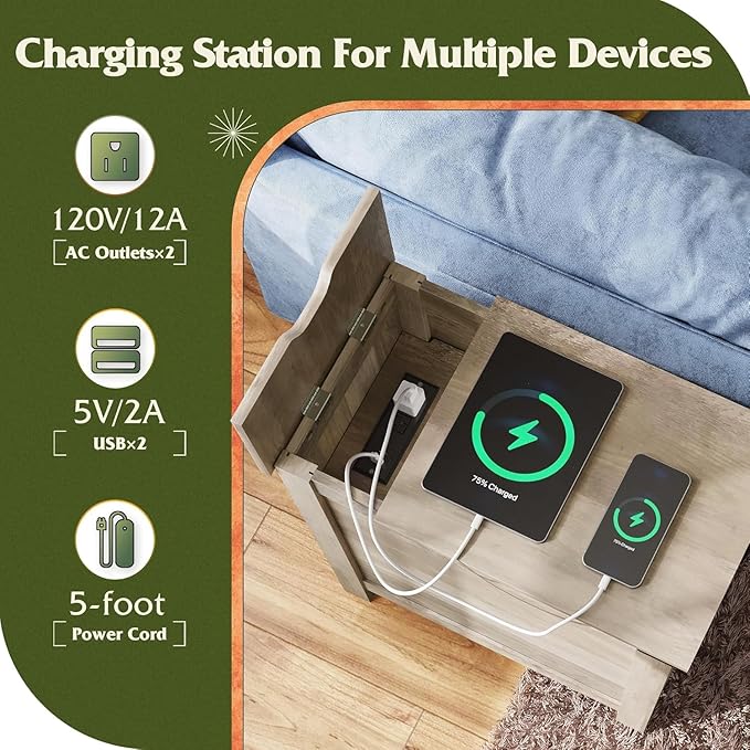 WLIVE Farmhouse End Table Set of 2 with Charging Station, Narrow Side Tables Living Room, Bedroom, Couch with USB Ports and Outlets, Wood Nightstand Sets with Storage, Greige
