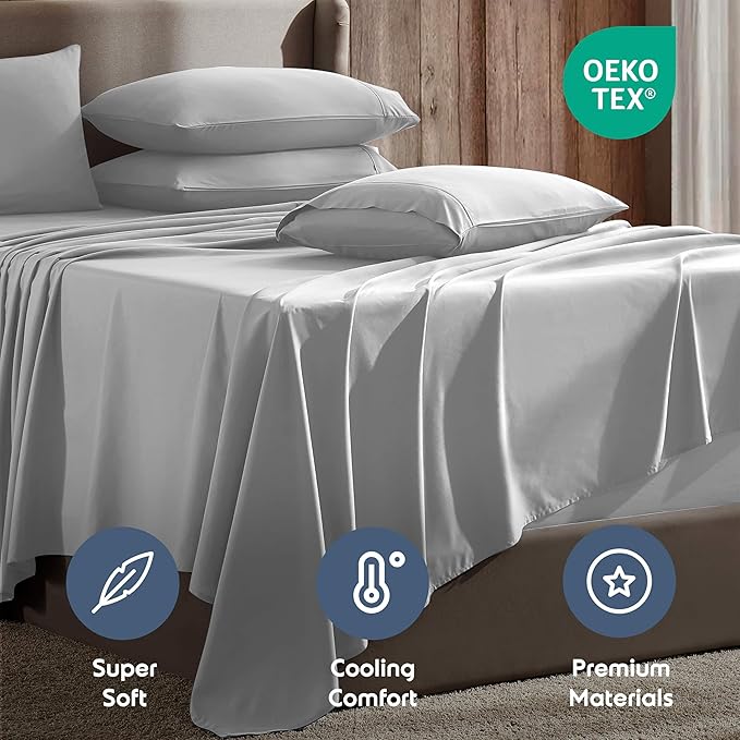 Nestl Extra Deep Full Sheet Set - 6 Piece Breathable & Cooling Sheets - Hotel Luxury Bedding Set w/18-24 Inch Deep Pockets - Easy & Secure Fit - Super Soft, Wrinkle Free & Comfy - Light Gray