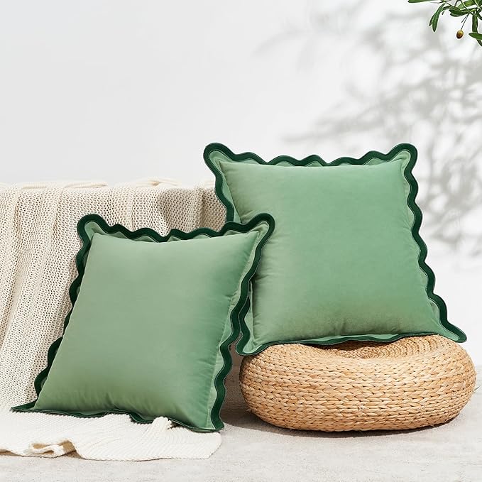 MONDAY MOOSE Decorative Throw Pillow Covers Cushion Cases, Set of 2 Soft Velvet Scalloped Wavy Edge Designs, Mix and Match for Home Decor, Pillow Inserts Not Included (Green/Light Green, 22x22 inch)