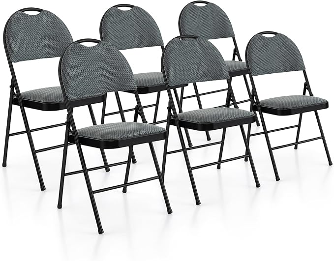 POWERSTONE Folding Chairs, Foldable Chair Set with Padded, Handle Hole and Metal Frame Dining Chair Set for Indoor and Outdoor, School, Office and Garden Party (6, Grey+Black)