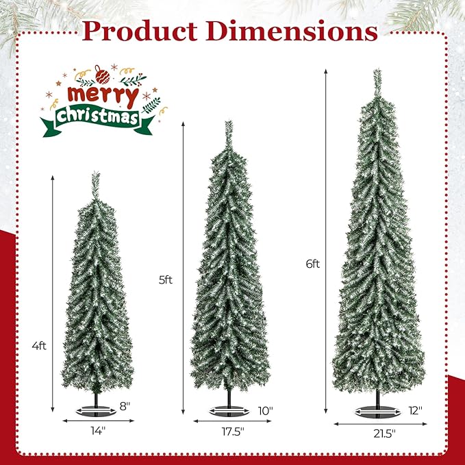 GOFLAME Set of 3 Pre-Lit Artificial Christmas Tree, Flocked Pencil Xmas Trees 4FT, 5FT and 6FT with Drooping Branches, Soft White Cotton, LED Lights, Holiday Decoration Tree for Home Office Party