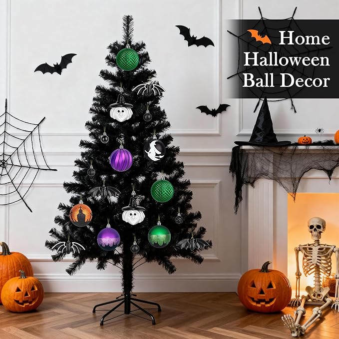 68pcs Halloween Ornaments for Small Tree,Shatterproof Halloween Christmas Tree Decorations Hanging Ball Ornaments Set with Bat and Witch Decor for Party Indoor Home Decor