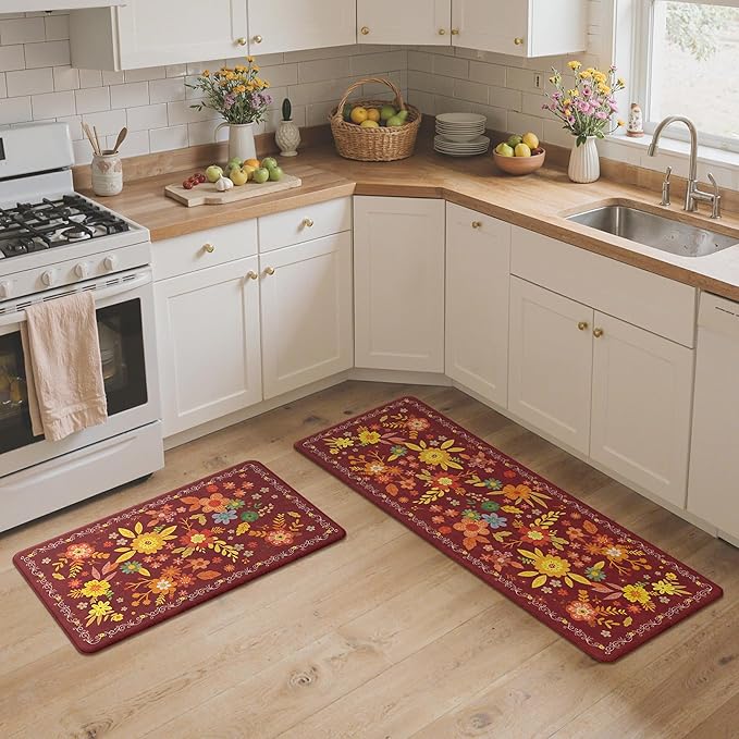 GENIMO Kitchen Mats for Floor 2PCS, Cushioned Kitchen Rugs Non Slip Washable, Farmhouse Anti Fatigue Mat Waterproof, Comfort Standing Mat Rug for Office, Home, Laundry, 17.3"x47"+17.3"x30", Red