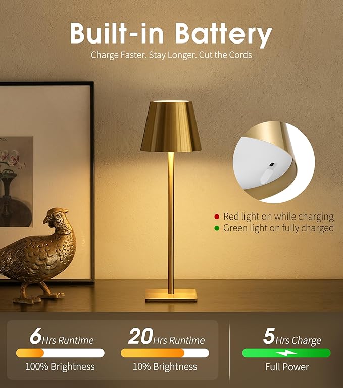 UME Cordless Table Lamp, Battery Operated Lamp - Portable Waterproof Rechargeable Table Lamp w/ 3 Color Temps & Stepless Dimming for Dinner, Desk, Cafe, Outdoor (Brushed Gold)