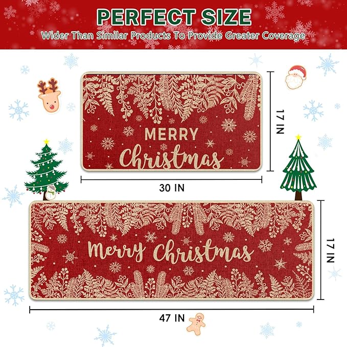 Christmas Red Holly Pine Kitchen Rugs and Mats Non Skid Washable Set of 2, Branches Leaves Xmas Kitchen Mats for Floor Decor