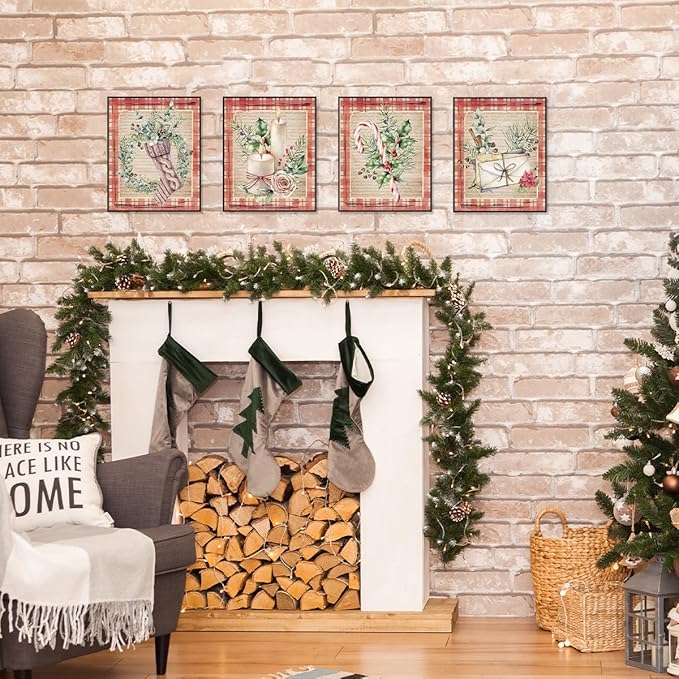 ETVISO Vintage Christmas Wall Art Prints Set of 4, Red Christmas Decor, Retro Christmas Garland Poster, Winter Holidays Gift Print Decor for Gallery Living Room Bathroom, 8x10 (Unframed)
