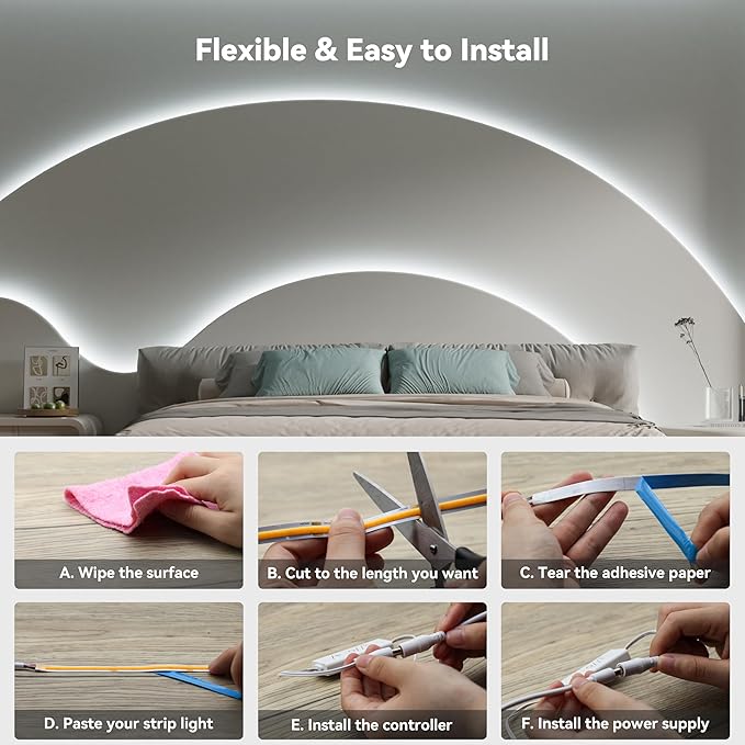 PAUTIX COB LED Strip Light 32.8ft,Engineering Level UL Listed Daylight White 6000K,CRI93+ Super Bright High Lumen,Dimmable 24V Flexible LED Tape Light with RF Remote,for Home&Office Decor DIY Lighting