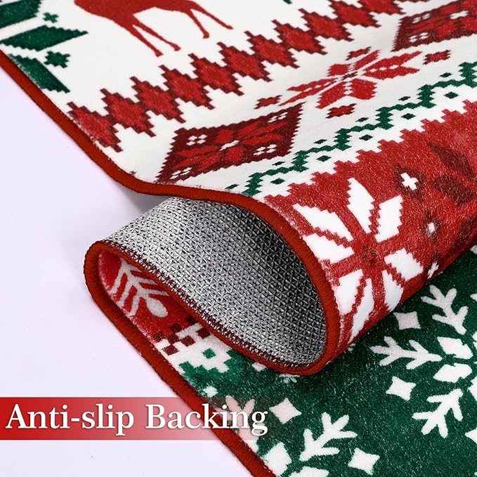 Large Living Room Area Rug 10x13 Christmas Rugs Boho Snowflakes Xmas Dining Room Throw Carpet Non Slip Low Pile Holiday Decor Area Rugs Stain Resistant Xmas Area Rugs for Beedroom Nursery, Red