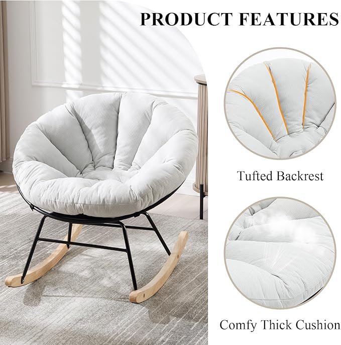 NIOIIKIT Nursery Saucer Rocking Chair, Corduroy Upholstered Round Glider Chair, Nursing Chair with Comfy Cushion, Tufted Papasan Chair, Cozy Reading Chair for Living Room, Bedroom (Beige)