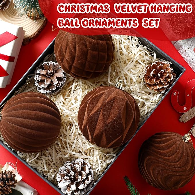 4 Pcs 4 Inch Large Velvet Christmas Ball Ornaments Vintage Christmas Plastic Ball Ornaments Flocked Tree Hanging Decoration for Xmas Party Wedding Home Decor(Brown)