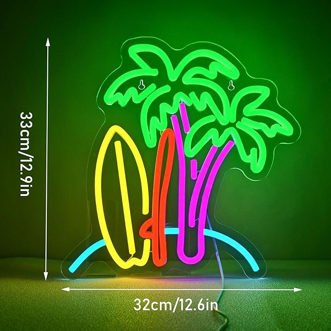 SurfSurf Palm Tree Neon Sign Beach Surfboard Wall Decor Paradise Neon Light Surf Poster for Summer Tiki Bar Beach Room Decor for Teen Girls Surfer