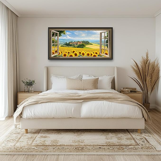 Sunflower Wall Art, Italy Pictures Wall Decor, Window Flower Canvas Prints Painting, Modern Large Framed Artwork For Living Room Office Bedroom Corridor 60"x 30"