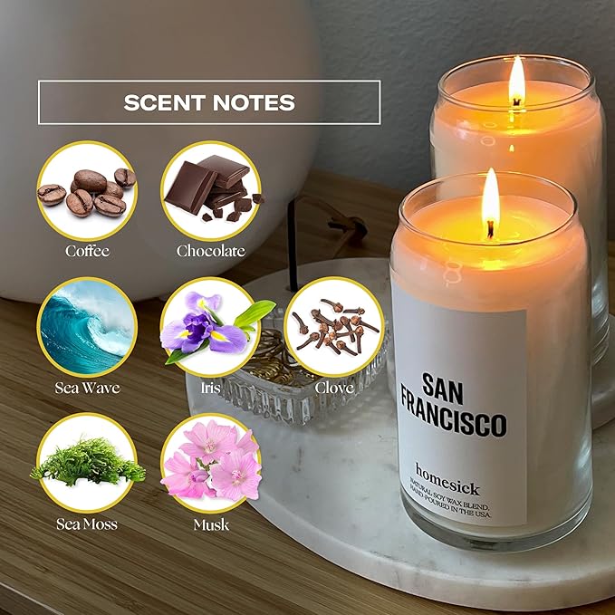 Homesick Scented Candles for Home (San Francisco) - 13.75 oz Long-Lasting Soy Wax Jar Candle for Women & Men for All Occasions, 60-80 Hours Burn Time - Notes of Coffee & Chocolate