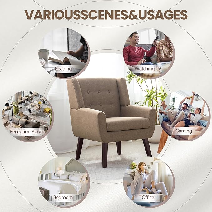 Accent Chairs for Living Room,Linen Button-Tufted Upholstered Armchair with Wooden Legs,Comfy Mid Century Modern Chair for Bedroom Apartment Waiting Room Brown