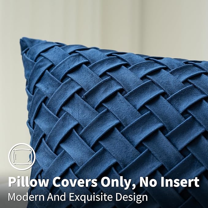 Velvet Decorative Throw Pillow Covers Set of 2, 18x18 Inch Soft Modern Weave Cushion Case, Farmhouse Home Decor Pillowcase for Sofa Living Room Couch Bed Navy
