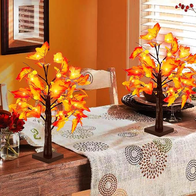 Timer - Fall Thanksgiving Tree, 18 Inch Prelit Lighted Maple Tree Thanksgiving Decorations with 24 Pumpkin Lights Battery Operated for Autumn Harvest Decor Indoor Home Table Halloween Christmas