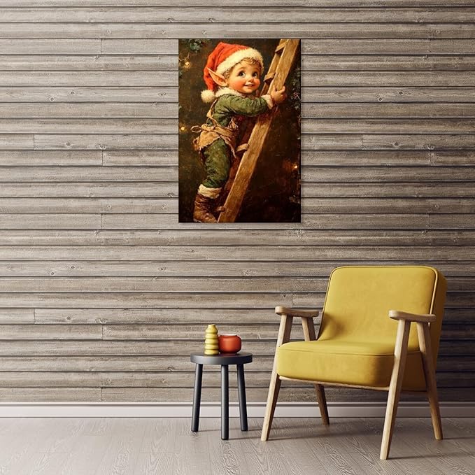 Medpol Vintage christmas wall art christmas elf painting winter cottagecore canvas poster for farmhouse home decor apartment dormitory Framed20x30inch