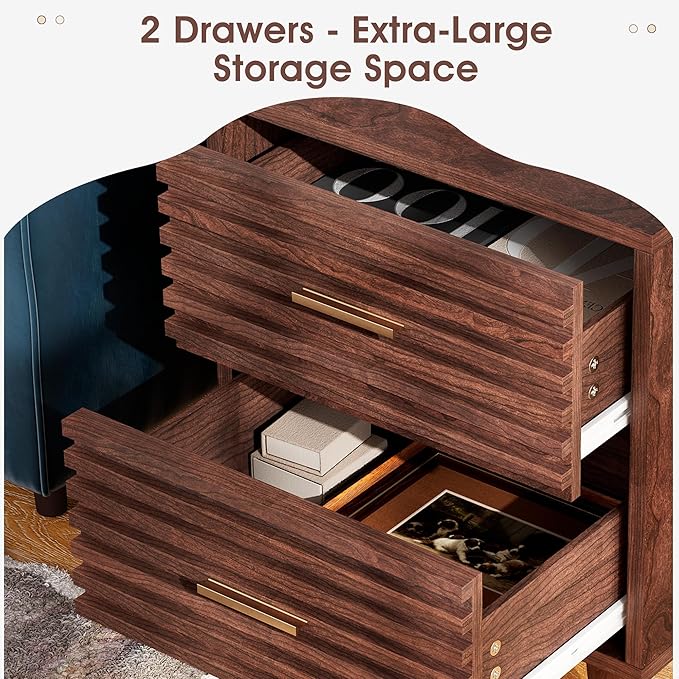 Alohappy Night Stand with Charging Station, Bedside Table with 2 Drawers, Mid Century Modern End Table, Bed Side Table with USB Ports and Outlets, Nightstand for Bedroom, Brown 1pc
