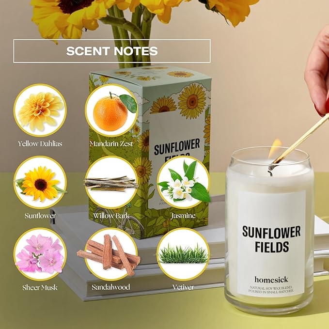 Homesick Scented Candles for Home (Sunflower Fields) - 13.75 oz Long-Lasting Natural Soy Wax Blend Jar Candle Gifts for Women & Men, 60-80 Hours Burn Time - Notes of Grass, Lemon & Lime