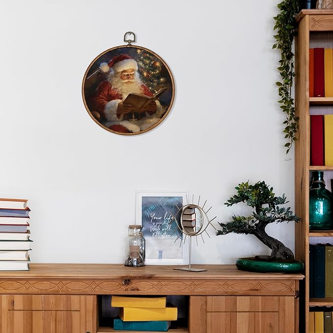 KSDUT Vintage Christmas Wall Decor Art - Retro Santa Claus Wall Art Canvas Frame Hanging Prints, Merry Christmas Xmas Holiday Round Wall Art Decor for Home Farmhouse Decorations 10"x10"