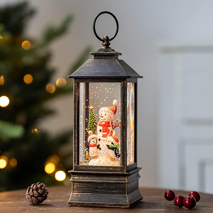 10.4" Christmas Snow Globe Water Lantern with Snowman and Penguin Scene Battery Operated or USB Powered Musical Lighted Holiday Decoration for Tabletop Display for Family and Friends