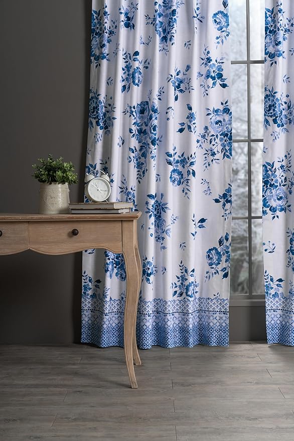 Maison d'Hermine Curtains for Living Room 100% Cotton 124 inch Length One Panel Window Curtains for Bedroom with Loop & Rod Pockets - Rose Garden - Blue, 50" W x 124" L