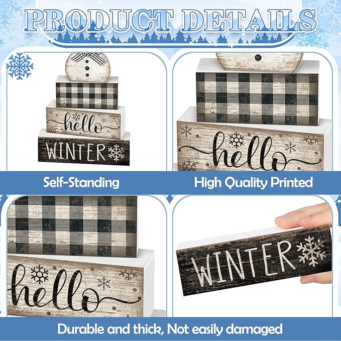 4 Pcs Snowman Christmas Decor Winter Table Decorations Christmas Tiered Tray Decor Winter Centerpiece Decorations Indoor Rustic Wooden Snowman Block Sign Gift Farmhouse for Home Kitchen Shelf