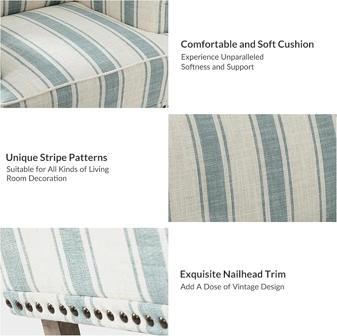 HULALA HOME Modern Armchairs Set of 2 with Wooden Legs & Nailhead Trim, Comfortable Upholstered Accent Chairs for Living Room Bedroom(Stripe Pattern, Blue)