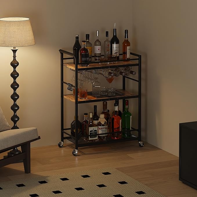 3 Tier Bar Cart, Home Bar Serving Cart with Wheels, Small Rolling Beverage Cart with Glass Holders, Mini Drink Cart with Wine Rack for Kitchen Dining Living Room Rustic Brown GBC507R