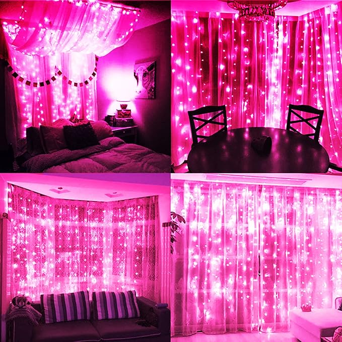 300 LED Pink Curtain String Lights, Twinkle Fairy Lights for Bedroom with 8 Lighting Modes, USB Christmas Lights for Party Home Bedroom Indoor Wall Room Decor (Pink)