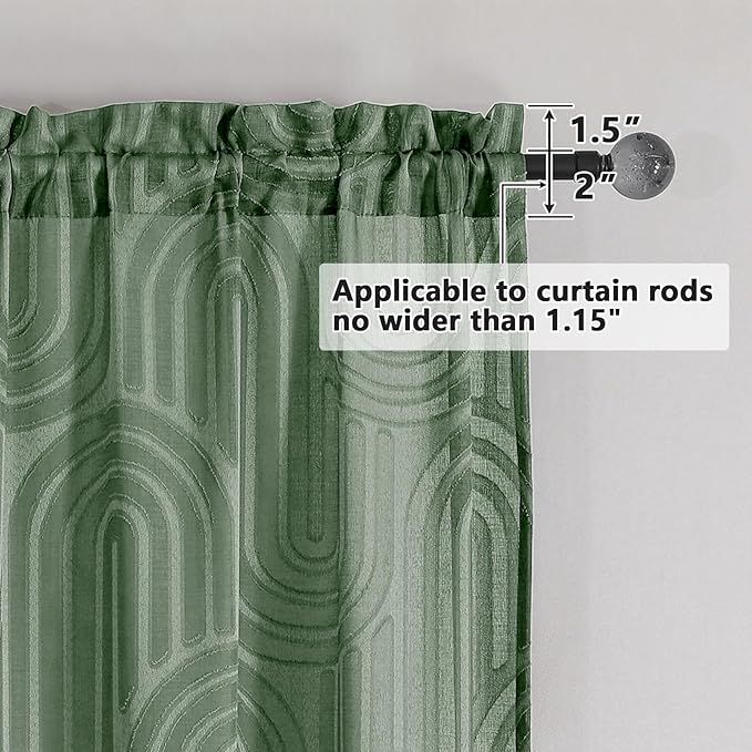 Simplebrand Sage Green Sheer Curtains, 42W x 45L Inches, 2 Panels, Geometric Mid Century Jacquard Clip Textured, Light Filtering, Rod Pocket, Bedroom, Living Room