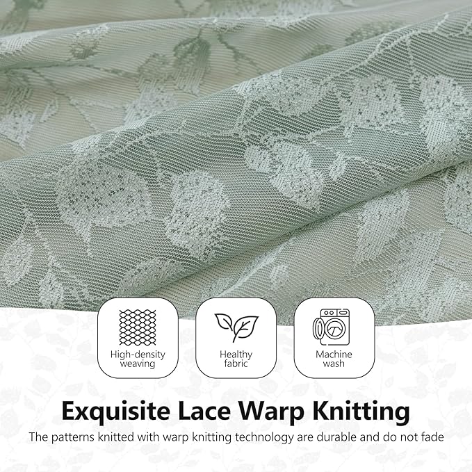 Sage Green Lace Sheer Curtains 63 Inch Length – Vintage Leaf Pattern for Living Room/Bedroom, Light Filtering Rod Pocket Drapes, Privacy Chic Window Treatments, 52W x 63L Inch, 2 Panels