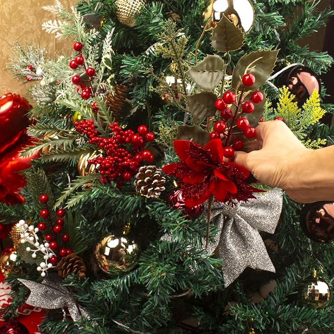 8Pack Artificial Christmas Picks - Assorted Red Berry Picks Stems & Faux Pine Picks Spray with Pinecones, Apples & Holly Leaves for Stunning Holiday Décor & Wreath Creations!