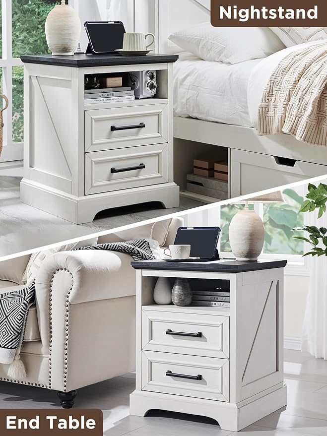 18" Farmhouse Nightstand with Charging Station,End Table with 2 Drawers Storage,Side Table,Bedside Cabinet for Bedroom,Living Room,White