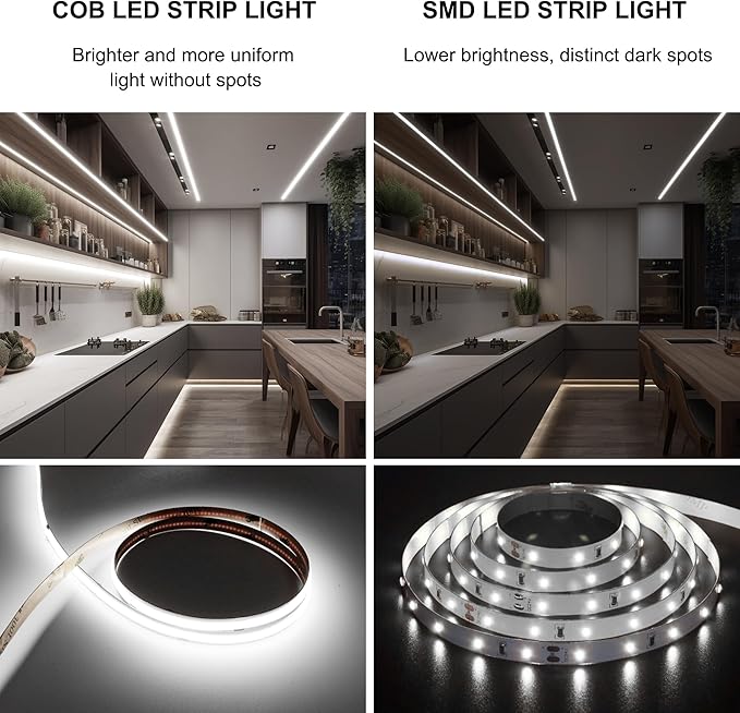 COB LED Strip 5m,16.4ft LED Strip Lights,Touch Dimmable LED Strips,CRI90+,6000K Daylight White LED Tape Lights,1600LEDs,24V cob led,Indoor for Bedroom,Kitchen,TV,Mirror,Cabinet