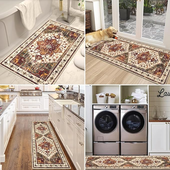 Yamaziot Boho Washable Kitchen Rugs Sets of 3, Non Slip Kitchen Mats for Floor with Rubber Backing, Waterproof & Stain Resistant Thick Carpet Runner Throw Rug for Kitchen, Laundry Room, Hallway