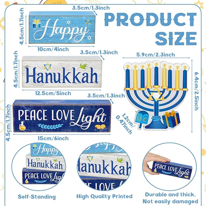 4 Pcs Hanukkah Decorations for Home Chanukah Table Decor Wooden Menorah Decoration Hanukkah Centerpiece Rustic Decorative Menorah Block Signs Gift Farmhouse Jewish New Year Decoration for Home