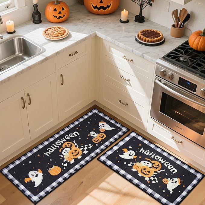 JSEI Halloween Holiday Kitchen Mats for Floor, Non-Slip Ghost and Pumpkins Decorative Kitchen Rugs Set of 2, Home Decor Low-Profile Kitchen Runner Rug Washable, 17"x30"+17"x48", Ghost and Pumpkins