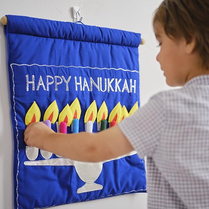 Blue Jewish Happy Hanukkah Menorah Wall Hanging by Pockets of Learning | Bris Milah Gift, Festive Hebrew Holiday Décor Judaica Fabric Advent Calendar | Chanukah Cloth Countdown with Candles and Pouch