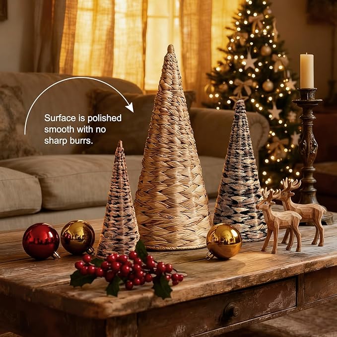 3pcs Woven Water Hyacinth Christmas Trees Decor, Artificial Christmas Tree Decorations for Home Party Table Village Craft Indoor Outdoor Vintage Christmas Decor(Natural+Black+Brown)