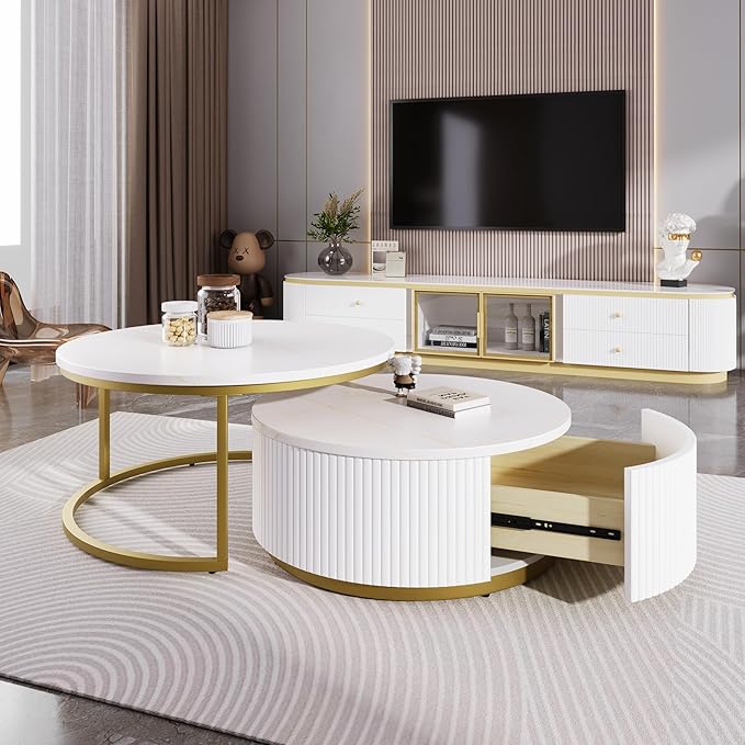 27.6" Modern Round Nesting Coffee Table Fluted with Drawer for Living Room in White & Gold