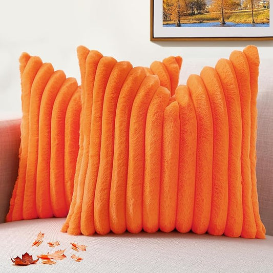 decorUhome Faux Fur Fall Throw Pillow Covers 18x18 Set of 2, Decorative Soft Plush Striped Neutral Couch Euro Pillow Covers with Velvet Back for Sofa, Bed, Living Room Home Decor, Orange