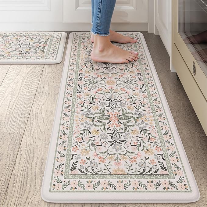 Collive Anti Fatigue Kitchen Floor Mat, Cushioned Waterproof Sink Mats Non Slip Floral Kitchen Rugs Sets of 2, Comfort Modern Standing Rug for Office, Laundry, Desk, 17"x30"+17"x47", Grey