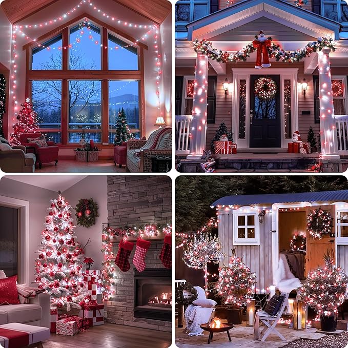 JMEXSUSS 2 Pack Red and White Battery String Lights, Each 33ft 100 LED Battery Powered Christmas Lights with Remote for Outside Party Birthday