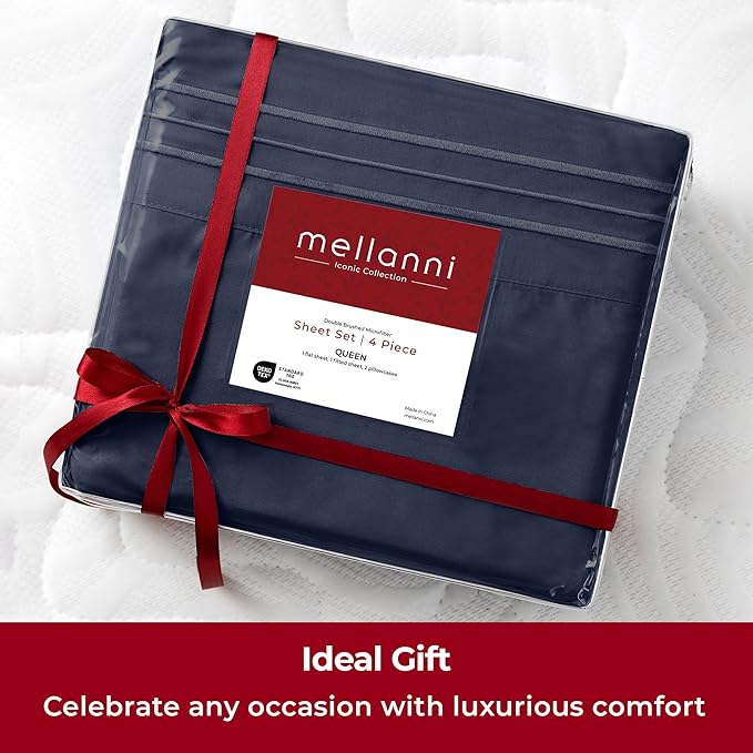 Mellanni Extra Deep Split King Sheets - 5 PC Iconic Collection Bedding - Hotel Luxury, Ultra Soft, Cooling Bed Sheets - Wrinkle, Fade, Stain Resistant (Split King, Navy Blue)