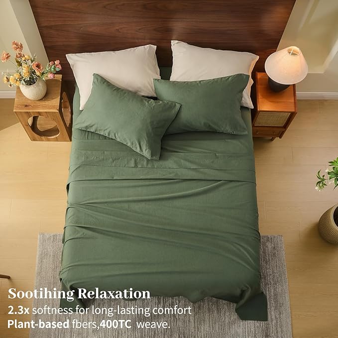 MEISHANG 100% French Pure Linen Sheets Queen Size - 6 PC Extra Deep Pocket Sheet Set, Soft Durable Flax Linen, Anti-Tear Breathable & Oeko-Tex Certified 18-24 Deep Pocket,All Season(Forest Green)