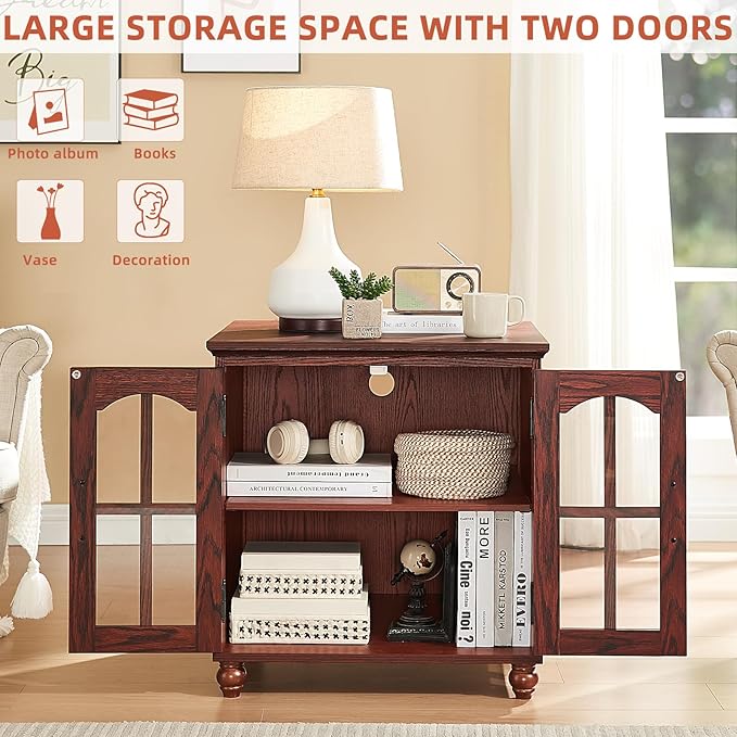 Farmhouse 24" End Table Set of 2 with Charging Station, Large Sofa Side Table with Glass Barn Door,Wood Night Stand with Adjustable Storage Shelf,Square Bedside Table for Living Room,Bedroom