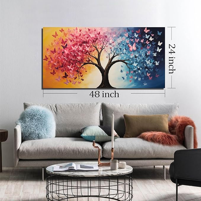 GUGIKA Tree Canvas Wall Art for Living Room, Pink Gold and Blue Butterflies Wall-Decor for Bedroom, Natural Pictures for Hallway Office, Size 48x24 Inches
